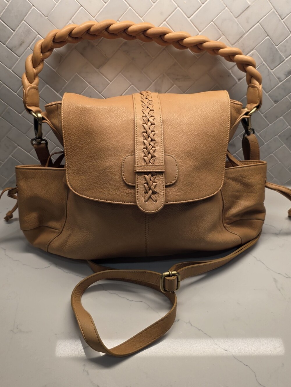 Carla Mancini Tan Leather Shoulder Bag w/ Braided Strap & Flap - Gently Used